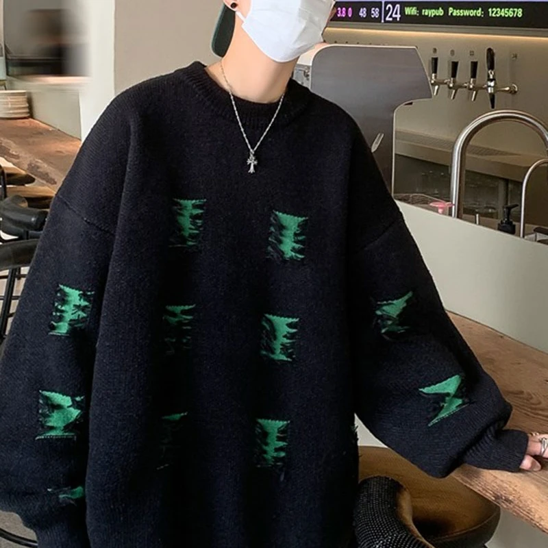 남성용 루즈한 뜨게 풀오버, 캐주얼 데일리, 따뜻한 O넥, 닳은 십대, 일본 스타일, 커플 패션, 하이 스트리트, 가을, 겨울