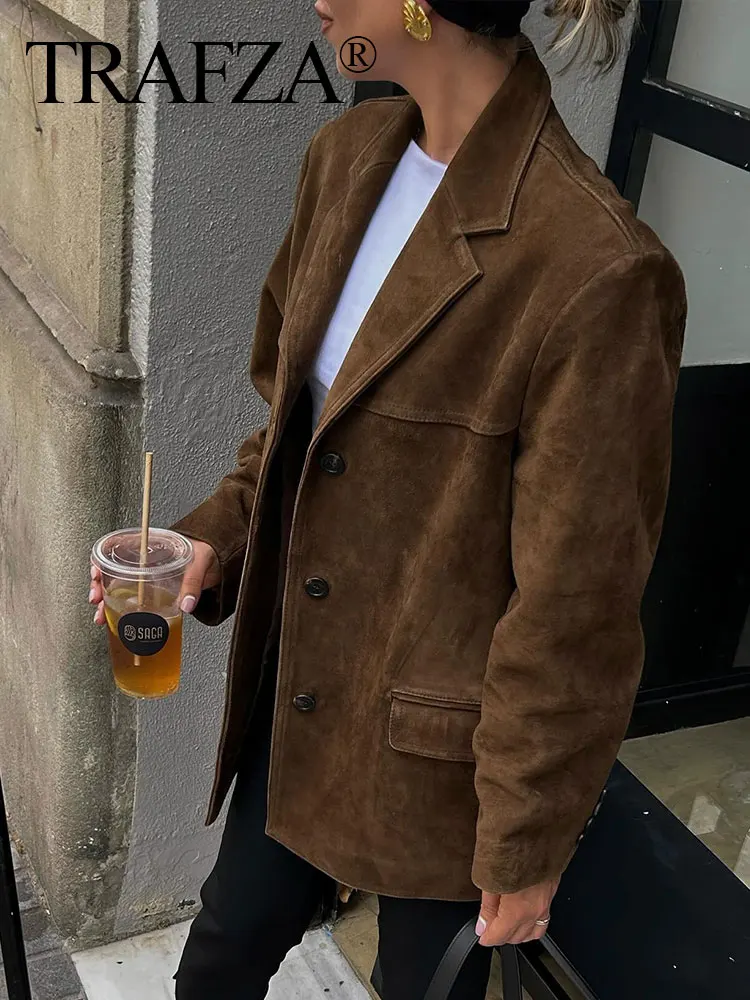 HH Women Vintage Brown Suede Blazer Coat Single Breasted Long Sleeve Lapel Jacket With Pockets Casual Office Lady Outerwear