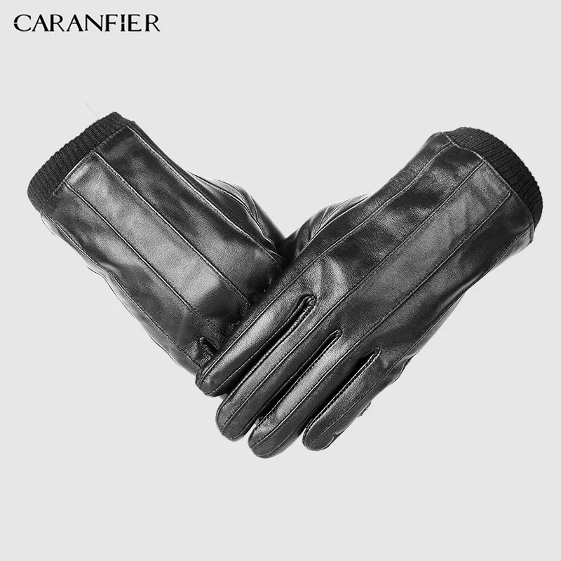 CARANFIER Men Top Genuine Sheepskin Gloves Winter Outdoor Plus Velvet Warm Man Guante Touch Screen Elastic Wrist Driving Riding