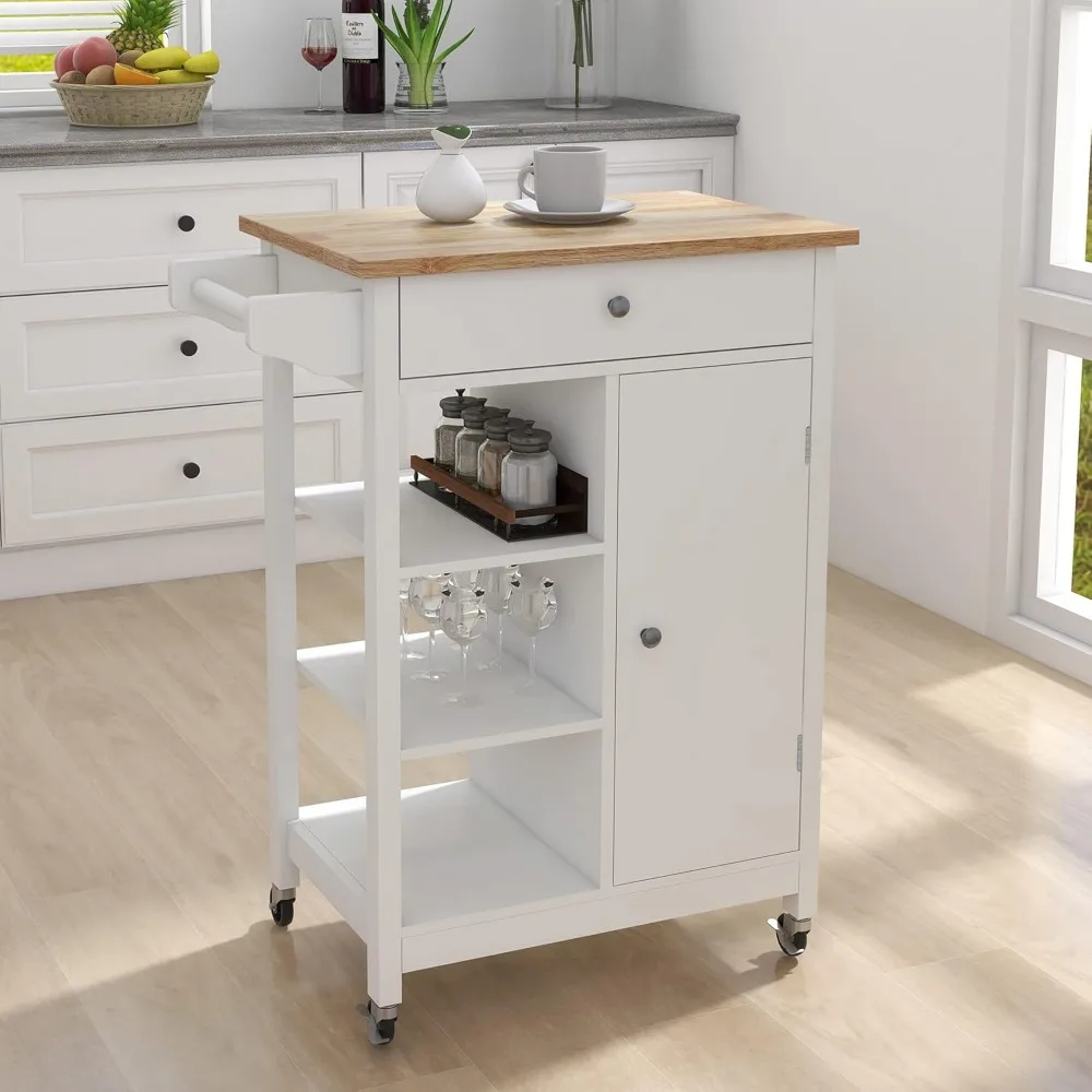Kitchen Island on Wheels with Single Door and One Drawer Solid Wood Top Storage Cabinet 2 Open Shelves White Kitchen Trolley