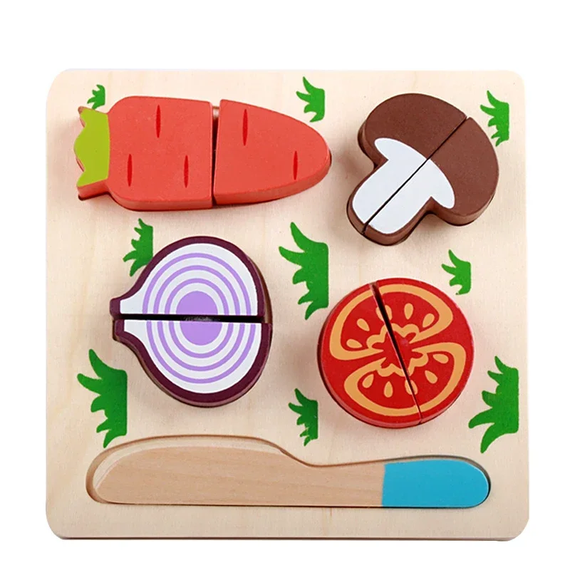 Wooden Geometric Shapes Montessori Puzzle Sorting Fruit Vegetable Combination Cutting Kitchen Toy Baby Toddler Toys for Children