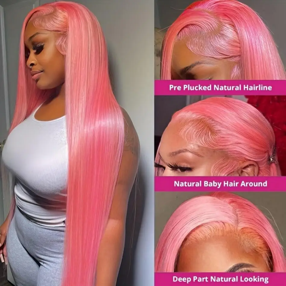 13X6 Hd Lace Frontal Wig Bone Straight Pink Lace Front Colored Wig 100% Human Hair Brazilian 13X4 Lace Frontal Wig  For Women