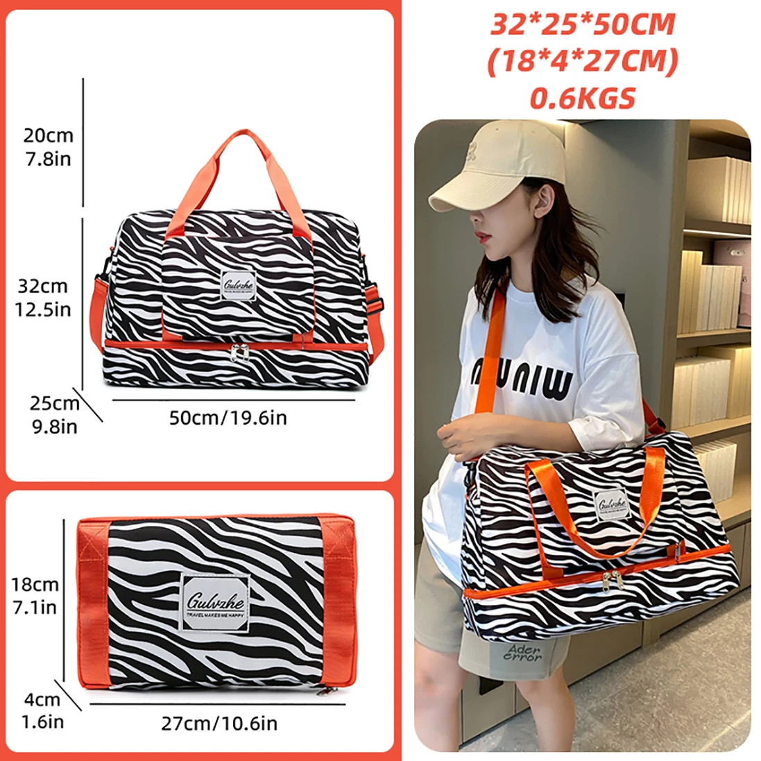 Zebra Stripe Plaid Dry Waterproof Duffle Women Gym Travel Sneaker Duffel Foldable Handbag Tote Bag Crossbody Bags Shoe Pocket