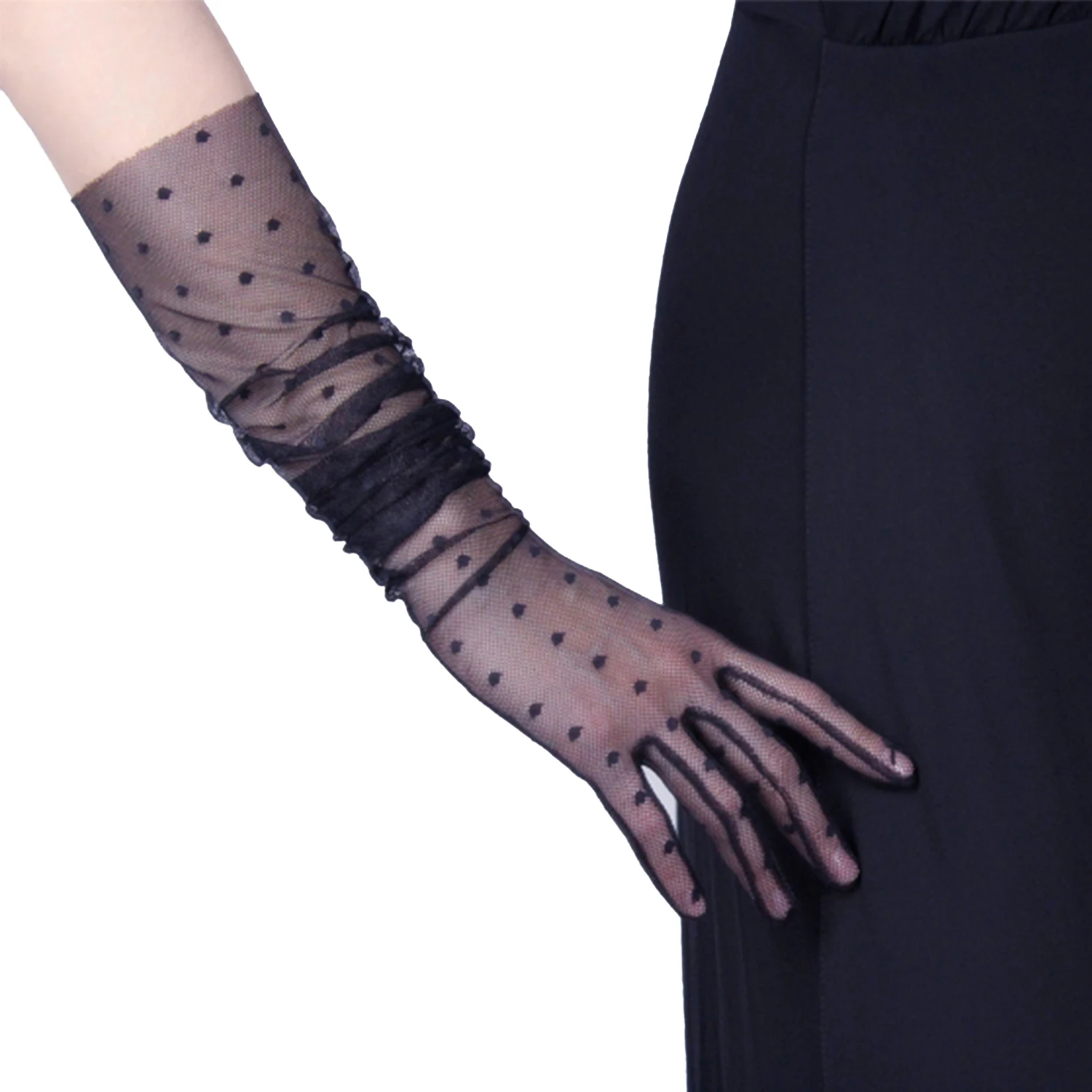 

Women's Black Sheer Polka Dot GLOVES Stretch Lace MESH Tulle TECH Touchscreen Wedding Bridal Fashion Dress Evening Opera Glove