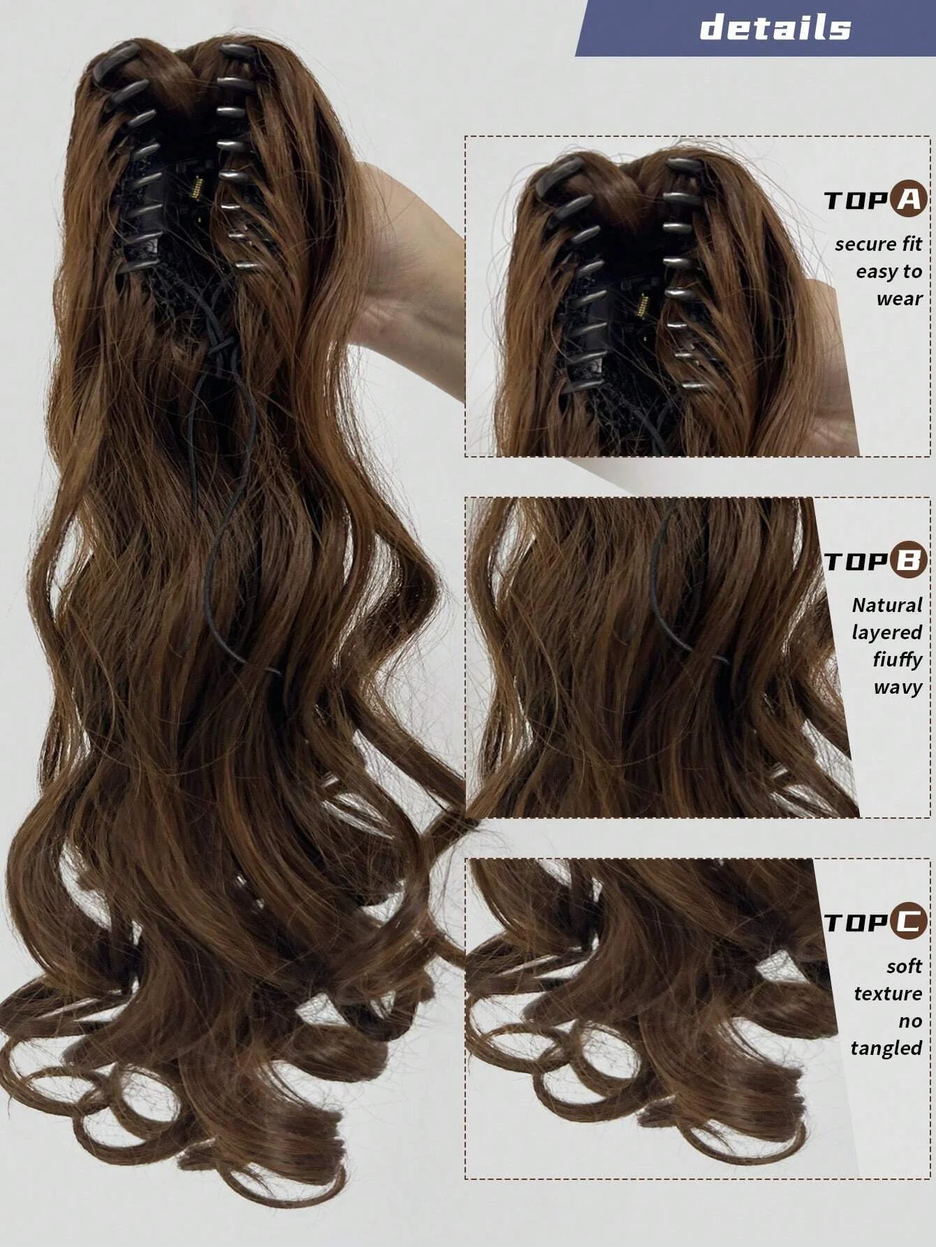 20 Inch Long Body Wave Ponytail hair Extension Synthetic Heat Resistant Claw Curly Wavy Ponytail Hairpieces Women brown