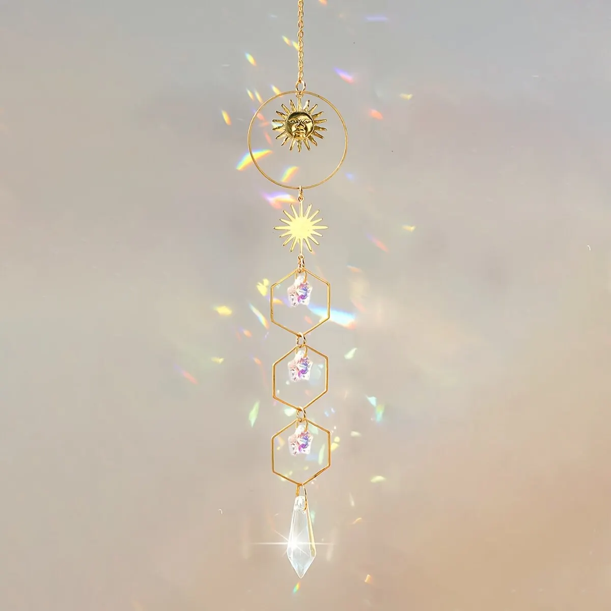 Crystal hanging decoration Golden Sun Pentagram Crystal Chain Pendant Room Window Hanging Decoration Dream Rainbow Gift Catcher 1 Piece