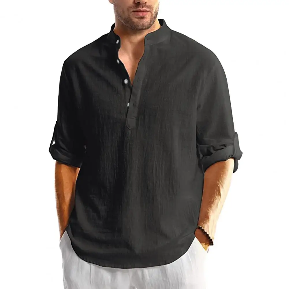 

Classic Fit Men Shirt Stylish Men's Casual Shirts Stand Collar Long Sleeve Tops for Spring Loose Fit Solid Color for Summer