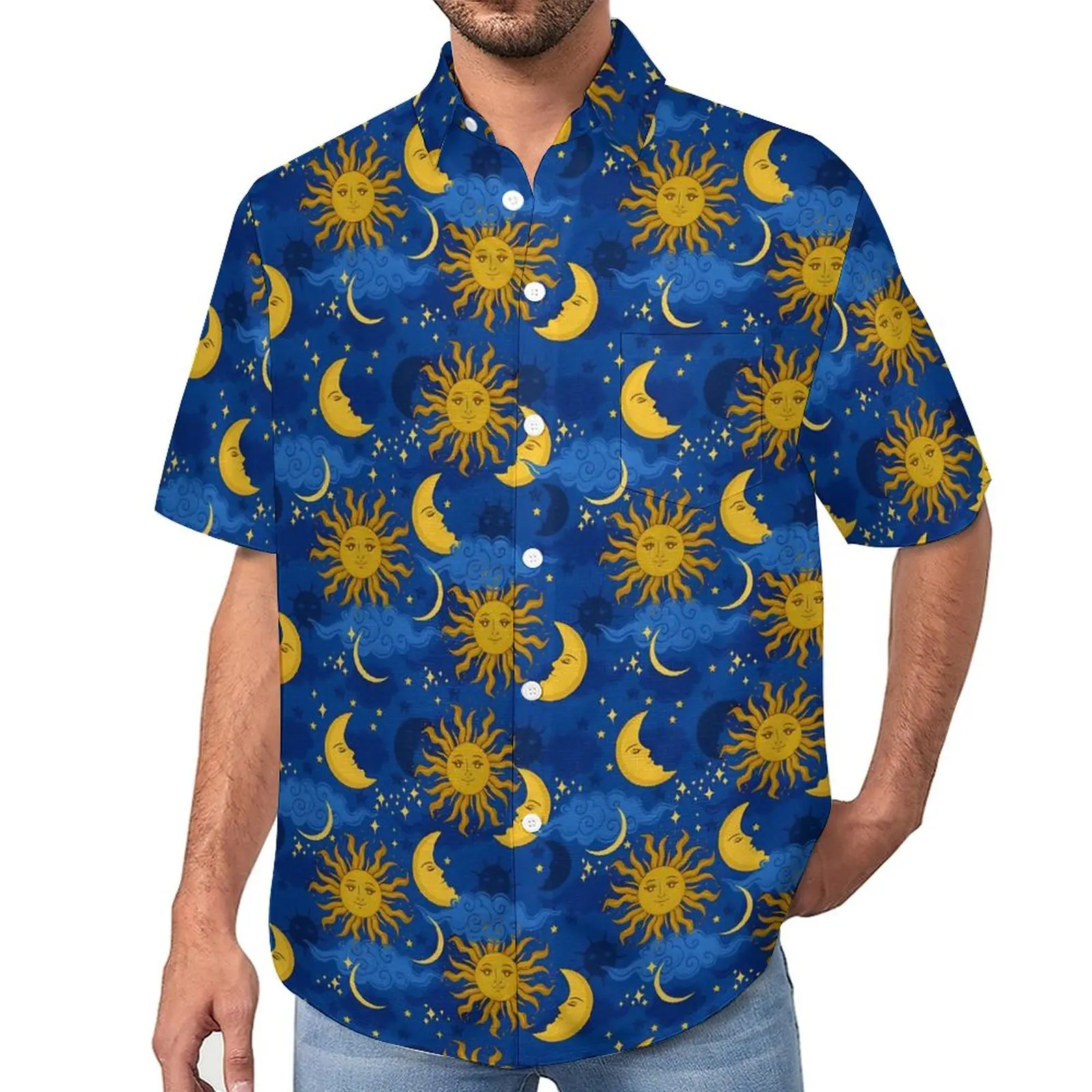 Sun Moon Stars Hawaii Shirt For Men Unique Cute Floral 3D Print Vacation Casual Streetwear Short Sleeved Clothes Plus Size Spain