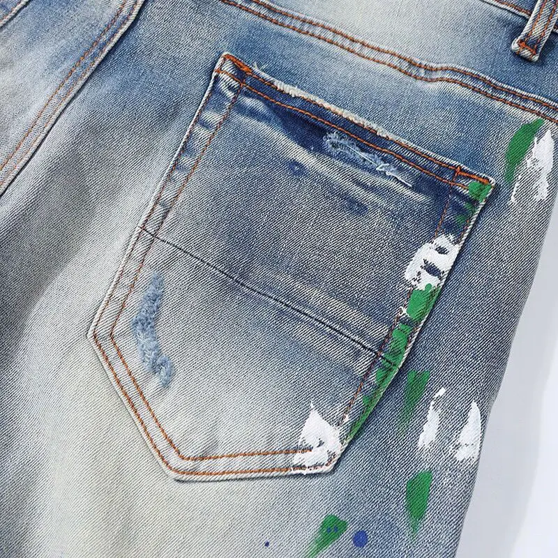 Street Fashion Men Jeans Retro Washed Blue Elastic Stretch Skinny Painted Ripped Jeans Men Patched Designer Hip Hop Brand Pants