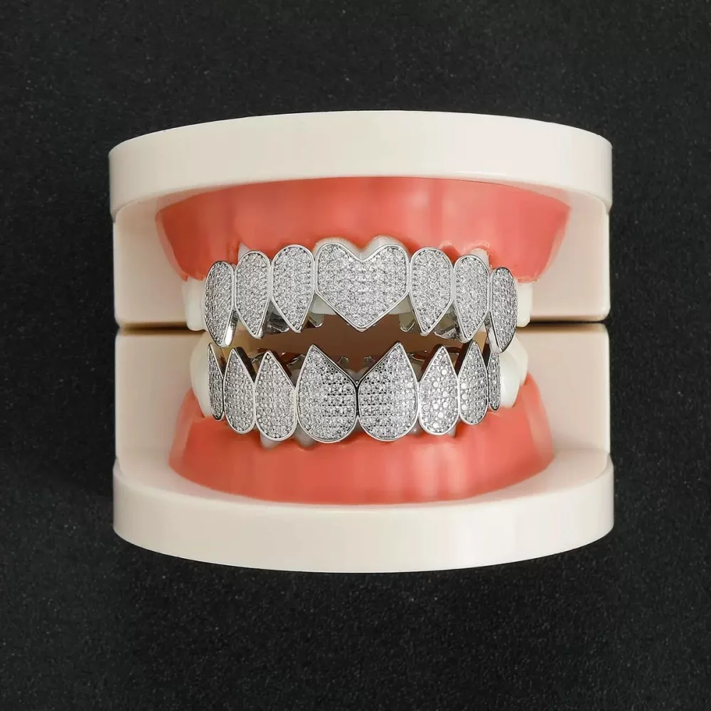 Hiphop Rock Iced Out 5A Zirkon Herz Zähne Grillz Für Männer Frauen Top & Bottom Zirkonia Grills Set Dental schmuck Großhandel – Detail 6