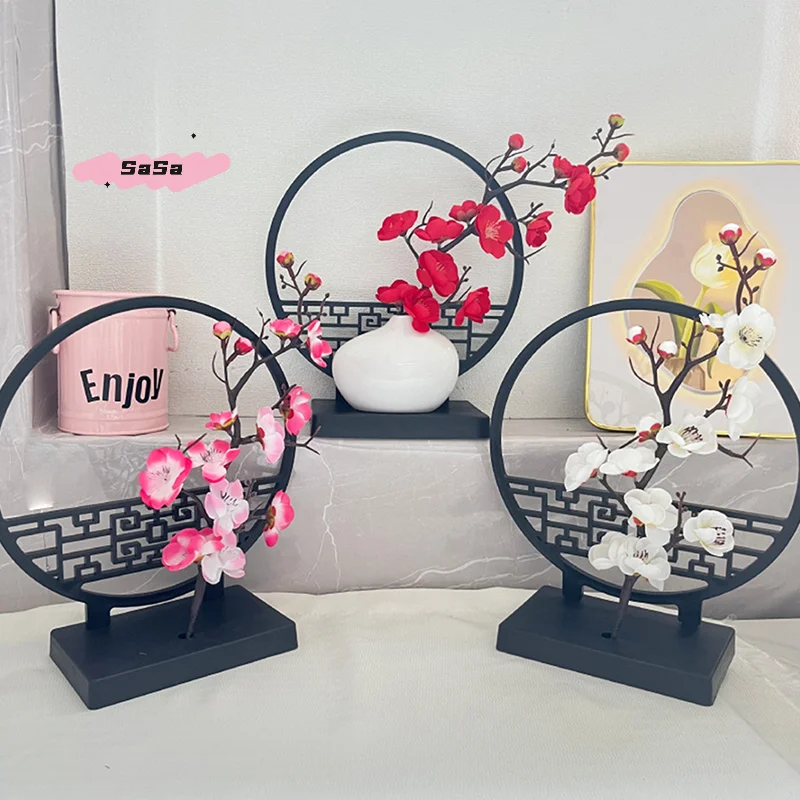Conjunto de bonsai de flor de ameixa artificial elegante, 15cm, com base de tela, inspirado em chinês, decoração de casa e escritório, inclui pote, 1 peça