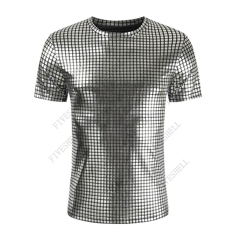 Mode Plaid beschichtet Metallic T-Shirt Männer schlanke Kurzarm T-Shirts Männer DJ Nachtclub Bühne Sänger Abschluss ball Kostüm homme – Detail 3