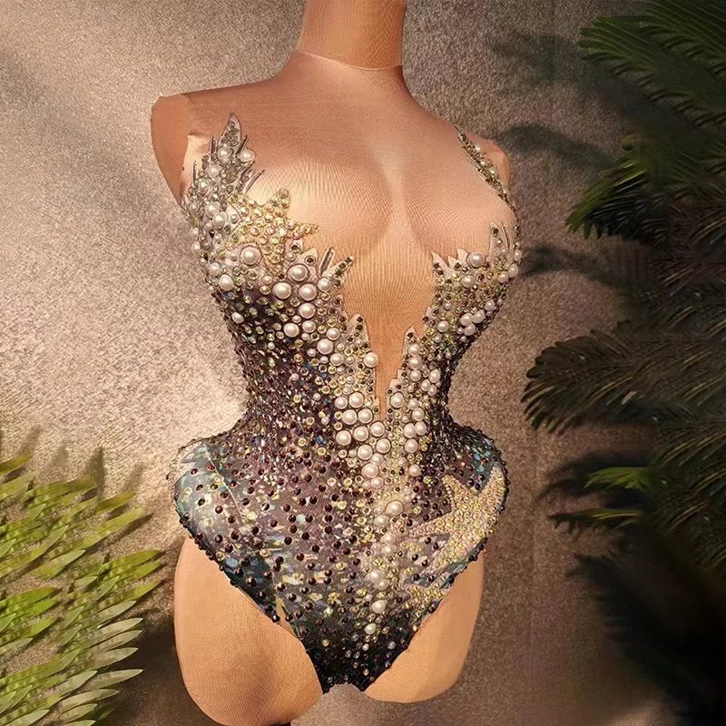 

Sparkly Rhinestones Pearls Bodysuit Women Mesh Pole Dance Leotard Nightclub Dj Ds Party Stage Outfit Drag Queen Costumes XS5733