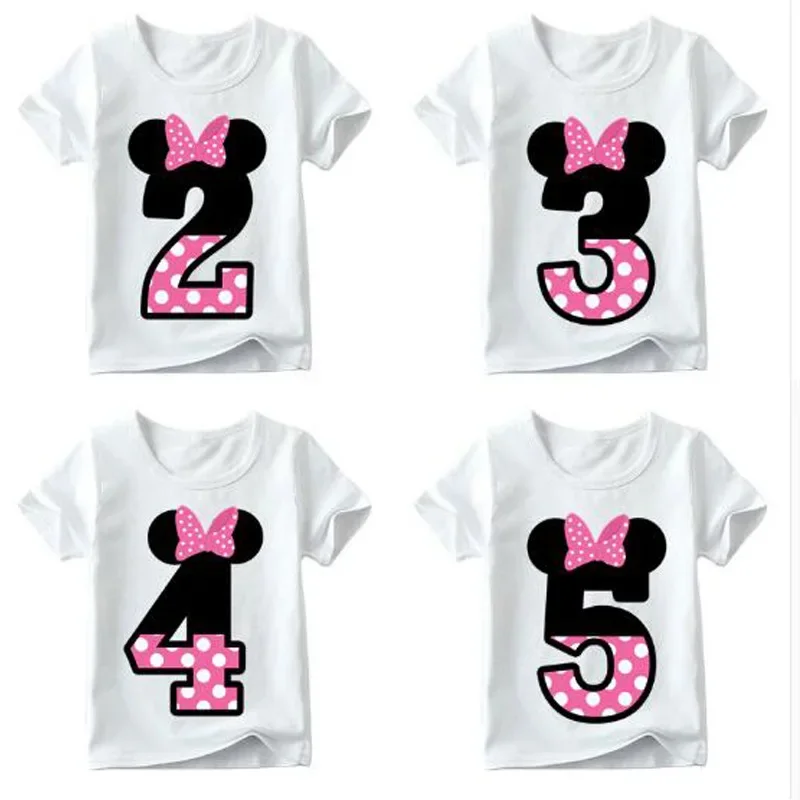 Baby Boy Girl Happy Birthday Letter Bow Cute Minnie Print Clothes Children Funny O-Neck T shirt Kids Number 1-9 Birthday Present