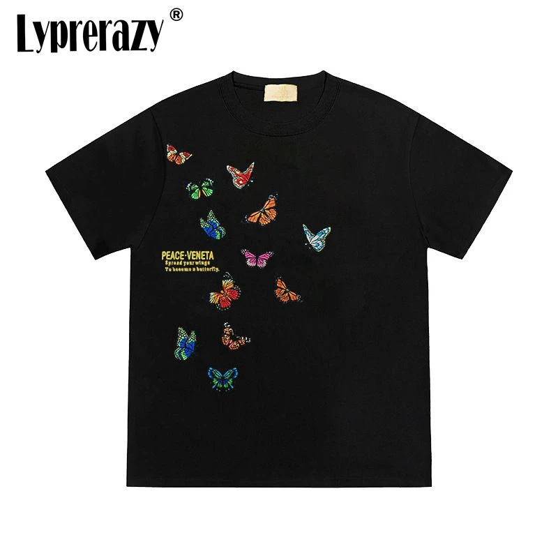 

Lyprerazy Unisex Butterfly Embroidery Short-sleeved T-shirt Summer Street Cotton Men Tops Tees