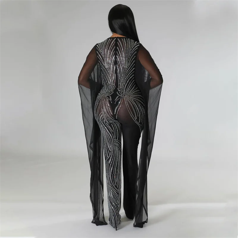 Sexy Sparkly Crystal Diamonds Evening Jumpsuit Birthday Outfits for Women Party Night Mesh Sheer Bodycon Rompers Womens Jumpsuit