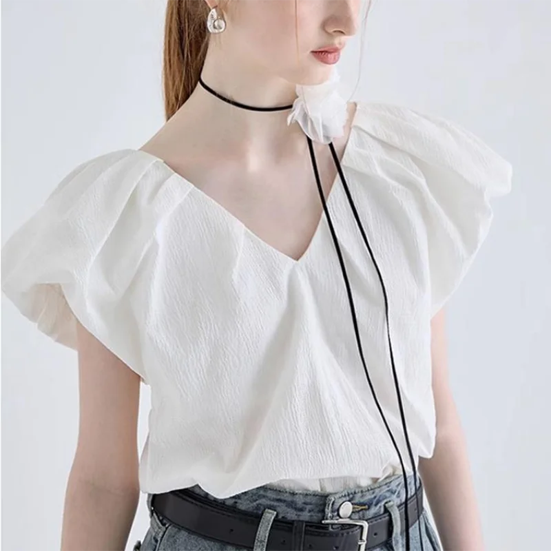 

Vintage Puff Sleeve V Neck White Shirt for Women 2023 Summer Short Sleeve Elegant Blouse Women French Loose Cotton Tops 27843