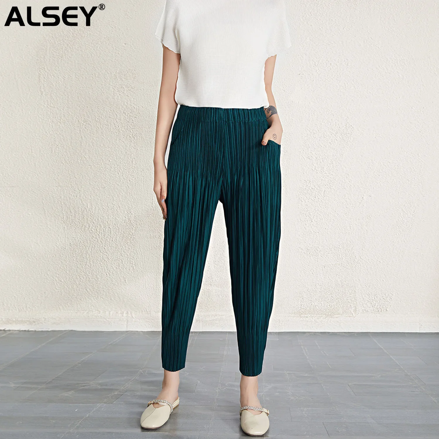 

ALSEY Miyake Pleated Japanese Thin Section Radish Pants for Women Spring Summer Fall New High-waisted Slim Harlan Casual Pants