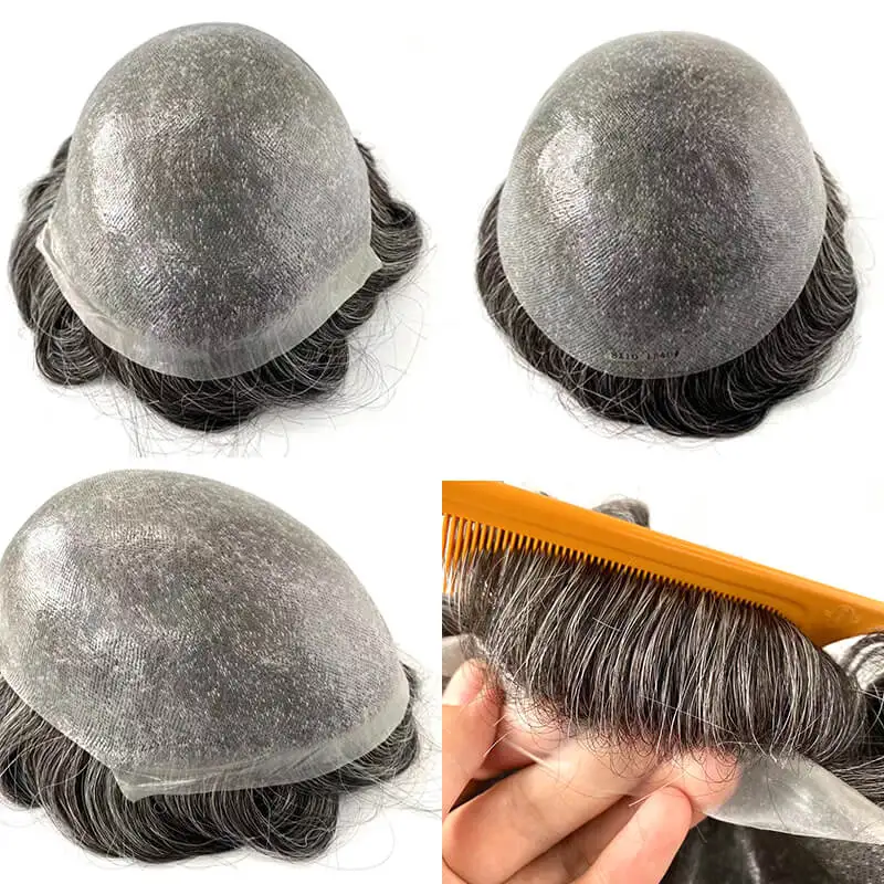 0.04-0.06mm Male Hair Prosthesis Soft Knotted Skin Toupee Men Durable Wigs 100% Human Hair System Unit Capillary Prosthesis 5