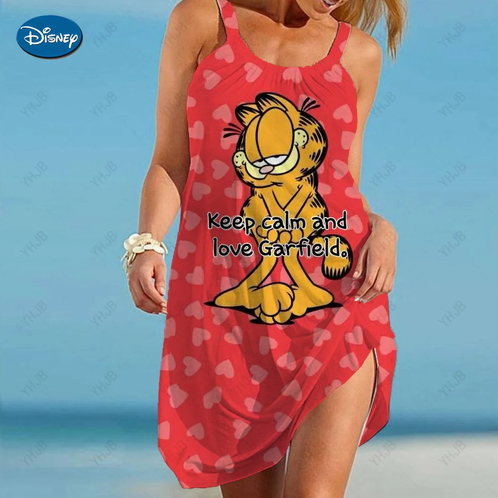 

Women Summer Mini Dress Beach Dress For Women Garfield Print O Neck Sundress Sleeveless Cartoon Casual Loose Tank Dress