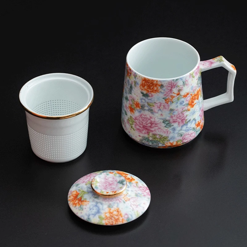 Chinese Style Ceramic Cartoon Floral Pattern Mug, Personal Creative Teacup, With Cover Filtered Tea Water Separation, 350ml, 1Pc