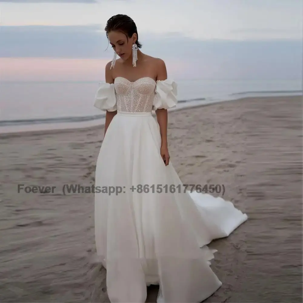 

Beach Satin Wedding Dress 2024 Elegant A-Line Sweetheart Neck Short Sleeves Backless With Beading Bridal Gown Vestido De Novia