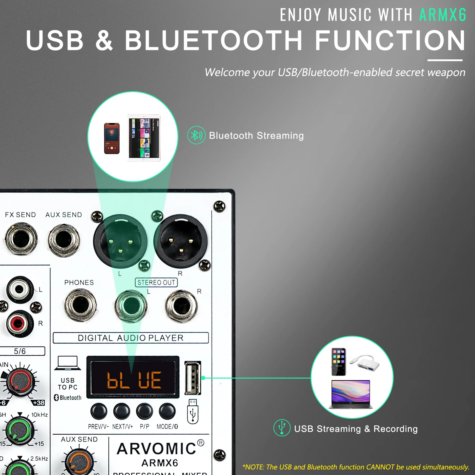 Audio Mixer 6-Channel Audio Mixer ARVOMIC DJ Mixer USB Audio Interface Bluetooth Function 16 DSP Effects 3-Band EQ