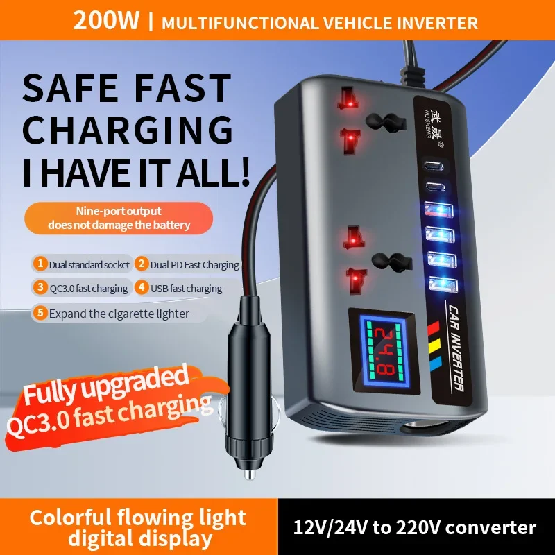 Versatile Portable Car Power Inverter with Quick Charge USB Ports