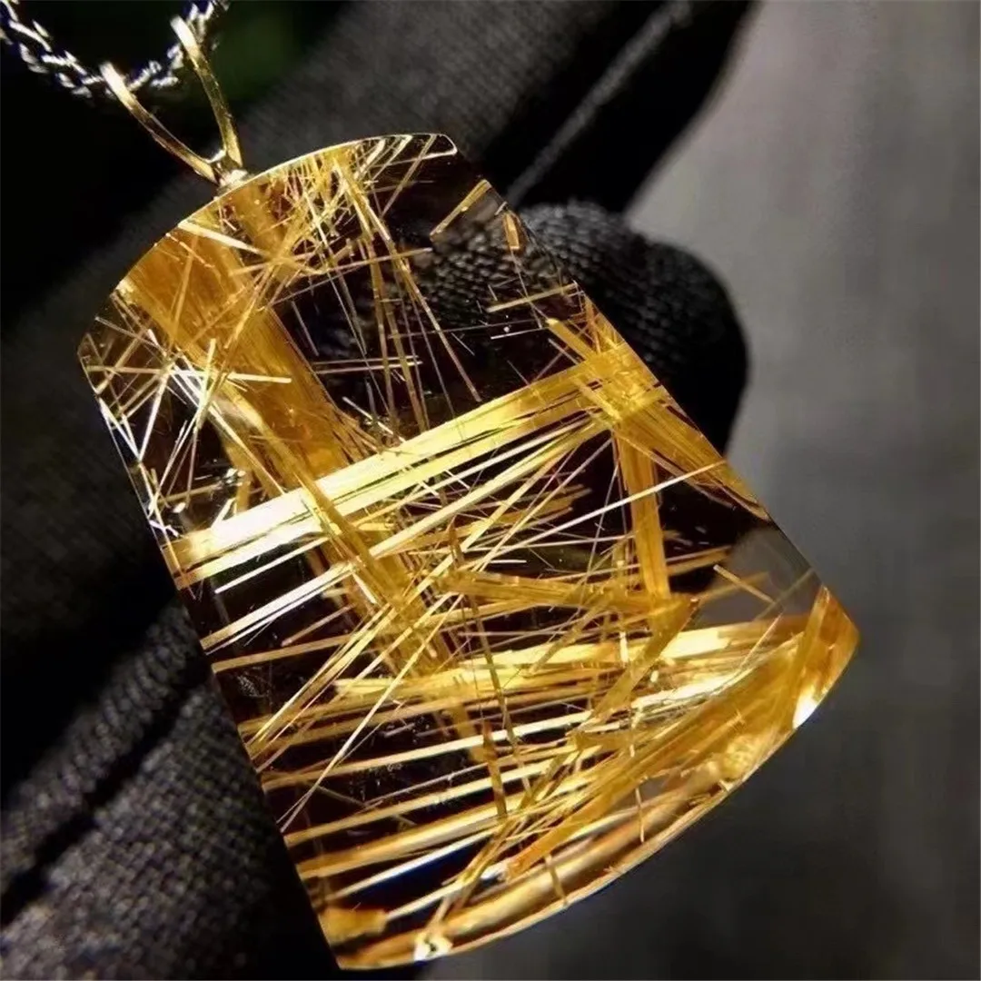 

Natural Gold Rutilated Quartz Pendant Necklace 18K Gold Jewelry For Woman Man Luck Beauty Gift Crystal 25x19x9mm Beads AAAAA