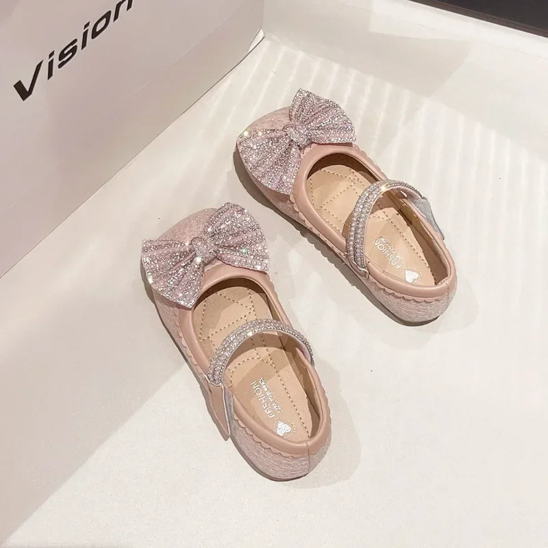 New Kids Party Shoes Bling Sequins Bowknot Little Girls Leather Shoes Spring Autumn Shallow Children Causal Wedding Flat