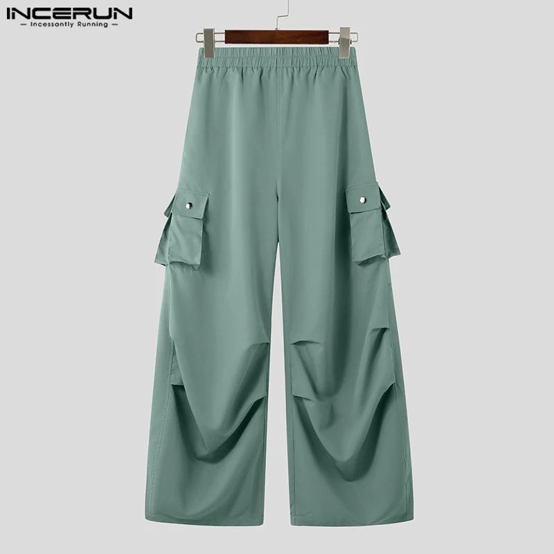 INCERUN Summer Men Wide Leg Pants Fashion Cargo Pants Solid Pocket Pleated Long Trousers Oversized Pantalons Men's Clothing 4