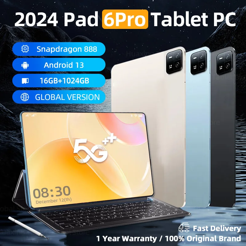 2024 오리지널 글로벌 버전 태블릿 PC 패드 6 프로, 스냅드래곤 888, 안드로이드 13, 듀얼 SIM 카드, RAM 16GB + ROM + 1TB, 5G WIFI HD 4K 미탭