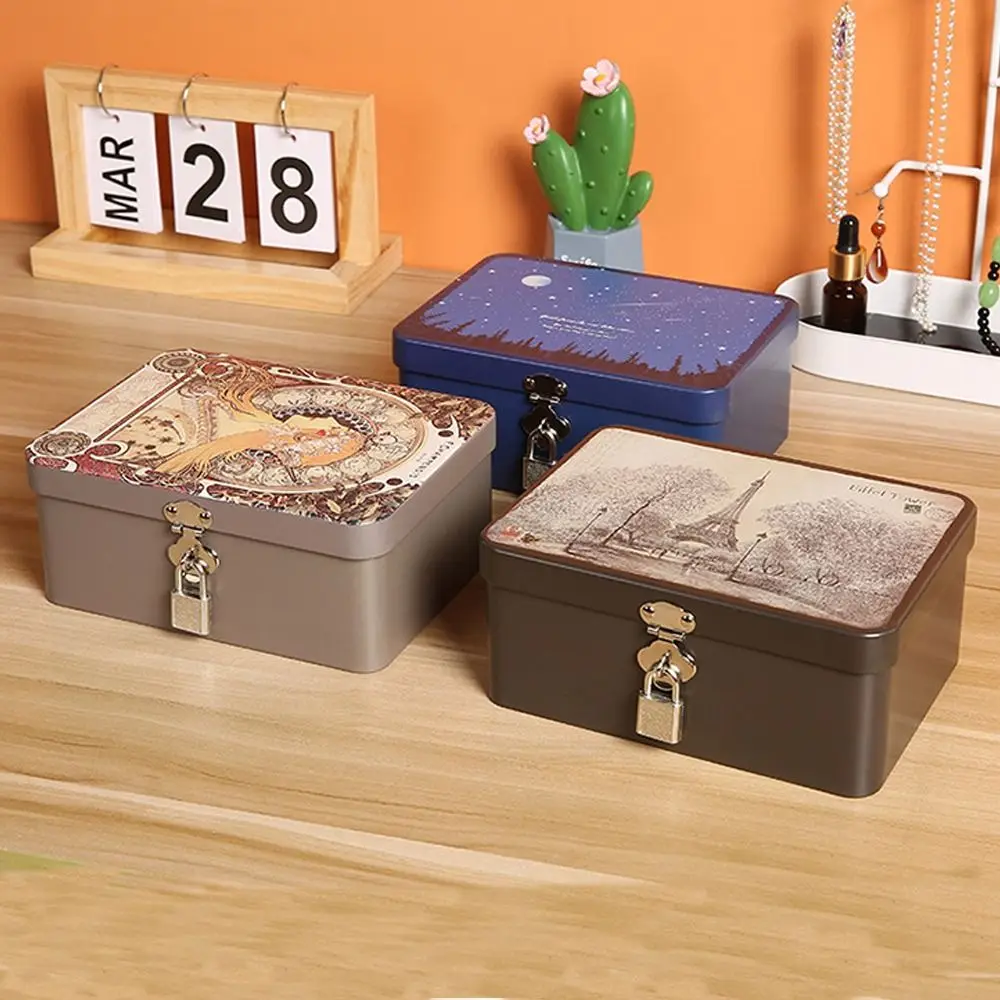 Tinplate Desktop Storage Case Convenient Large Capacity Empty Box with Lock Key Durable Vintage Metal Box Jewelry Storage Tools