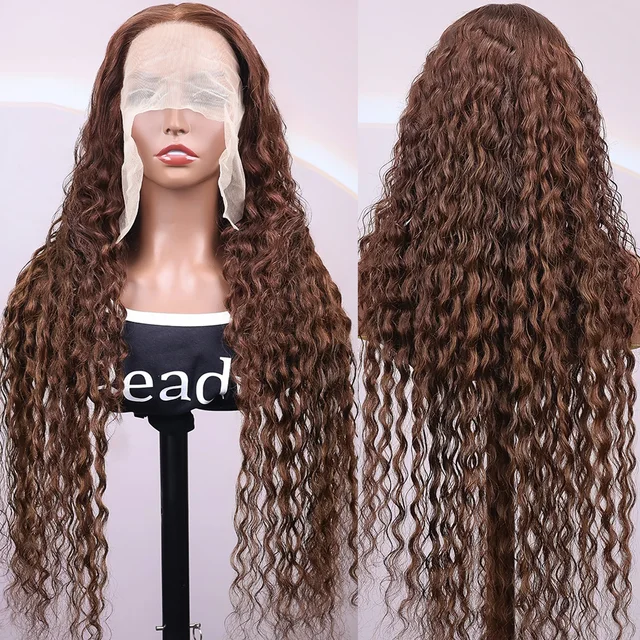 Perruques bouclées profondes cheveux humains brun chocolat 13x4 13x6 Hd perruque frontale en dentelle # Perruque avant de dentelle de vague d'eau de 4 couleurs pour les femmes 30 38 pouces 1