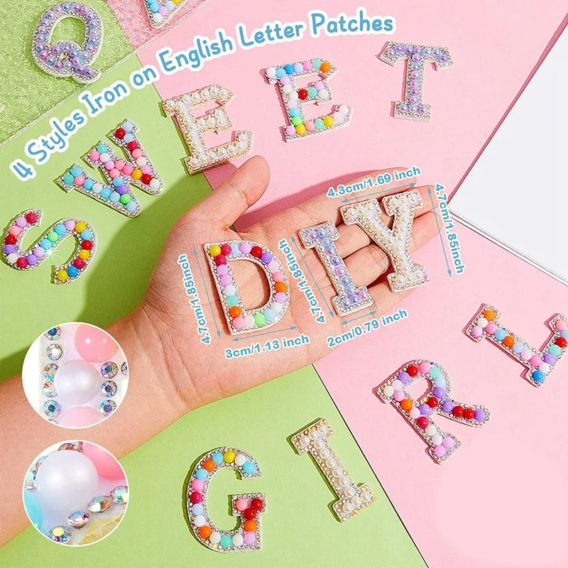 104 Pcs Pearl Rhinestone Alphabet Patches A-z Glitter Sewing Iron