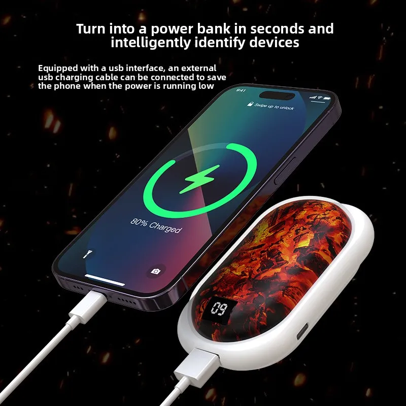 New Flame Hand Warmer Charging USB Mini Charcoal Fire Charging Large-Capacity Three-Speed Digital Display Hand Warmer