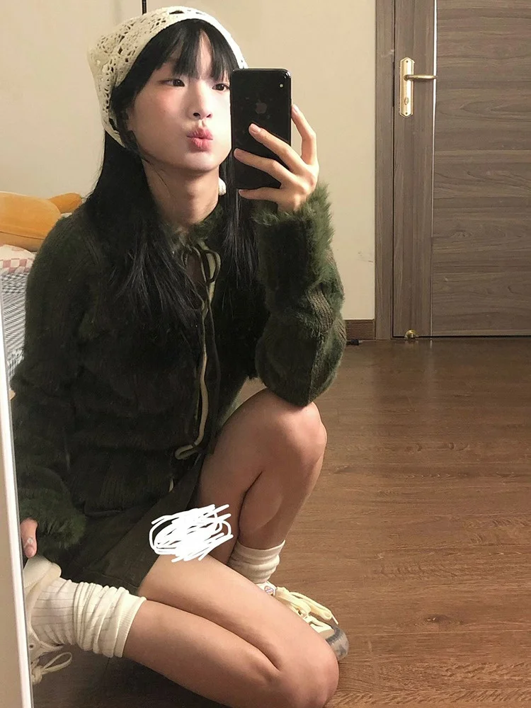 레트로 홍콩 스타일 여성 긴 소매 스웨터 벨트 캐주얼 오픈 카디건 봄 느슨한 슬리밍 겉옷 디자인 감각