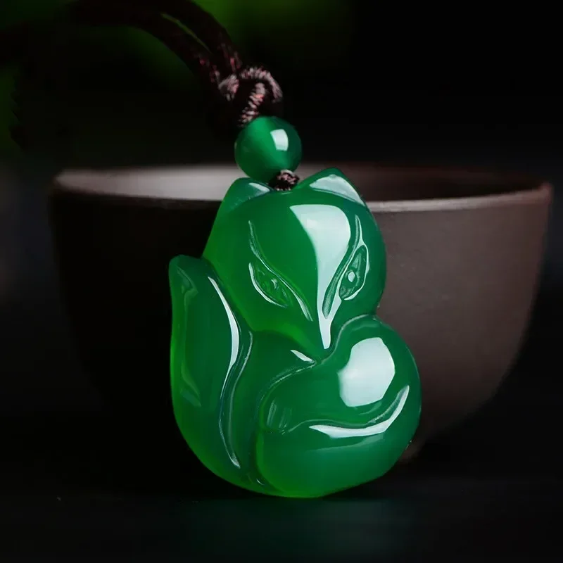 Jade Fox Necklace Pendant Natural Green White Chalcedony Chinese Fashion Charm Jewelry Carved Amulet Gifts for Women Men pendant necklace,jasper pendant,silver pendant