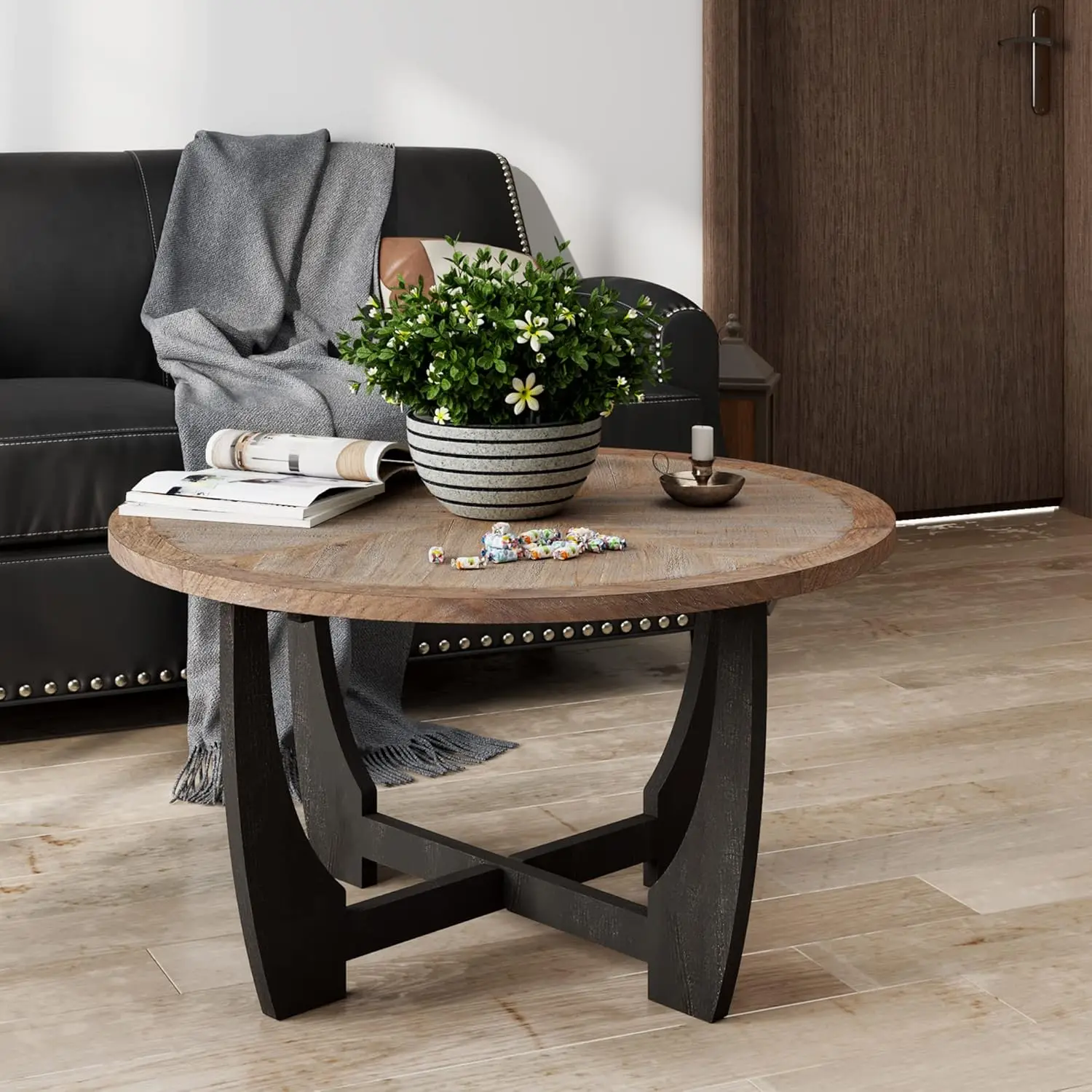 Farmhouse Coffee Table with Crisscross Base, French Country Accent Table for Family, Dinning or Living Room, Modern, Round 4
