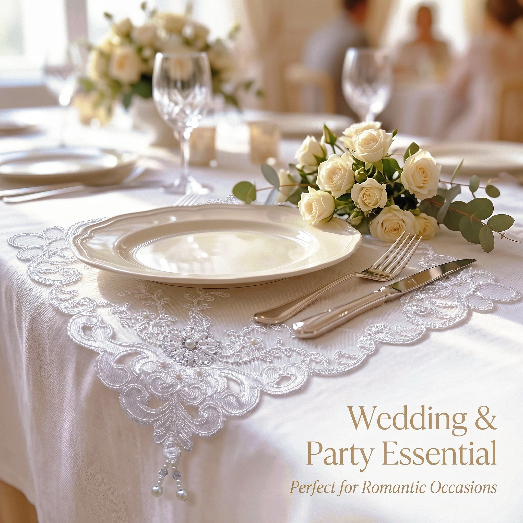 Lace Tablecloth 4Pcs 28x28 Pearl Trim Table Decor Lace Tablecloth