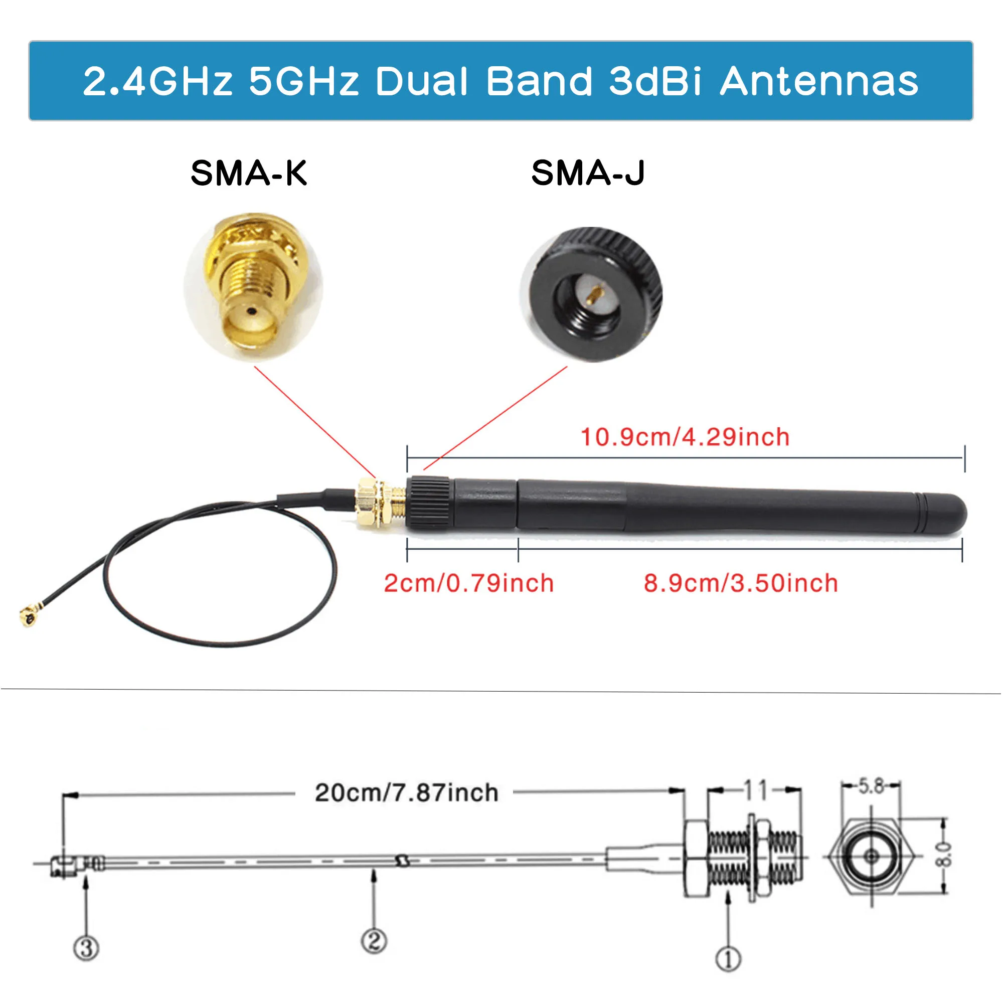 2.4GHz / 5GHz 듀얼 밴드 3dBi 글루 스틱 안테나 SMA - IPEX4 (오렌지 파이 5B용, 오렌지 파이 제로 2 / 라즈베리 파이 CM5는 지원하지 않음)