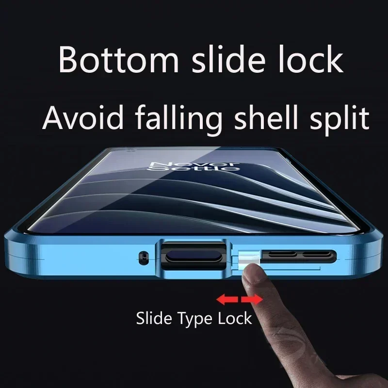 Enhanced Magnetic Metal Phone Case with Full Lens Protection and Double-Sided Glass Snap Lock Cover