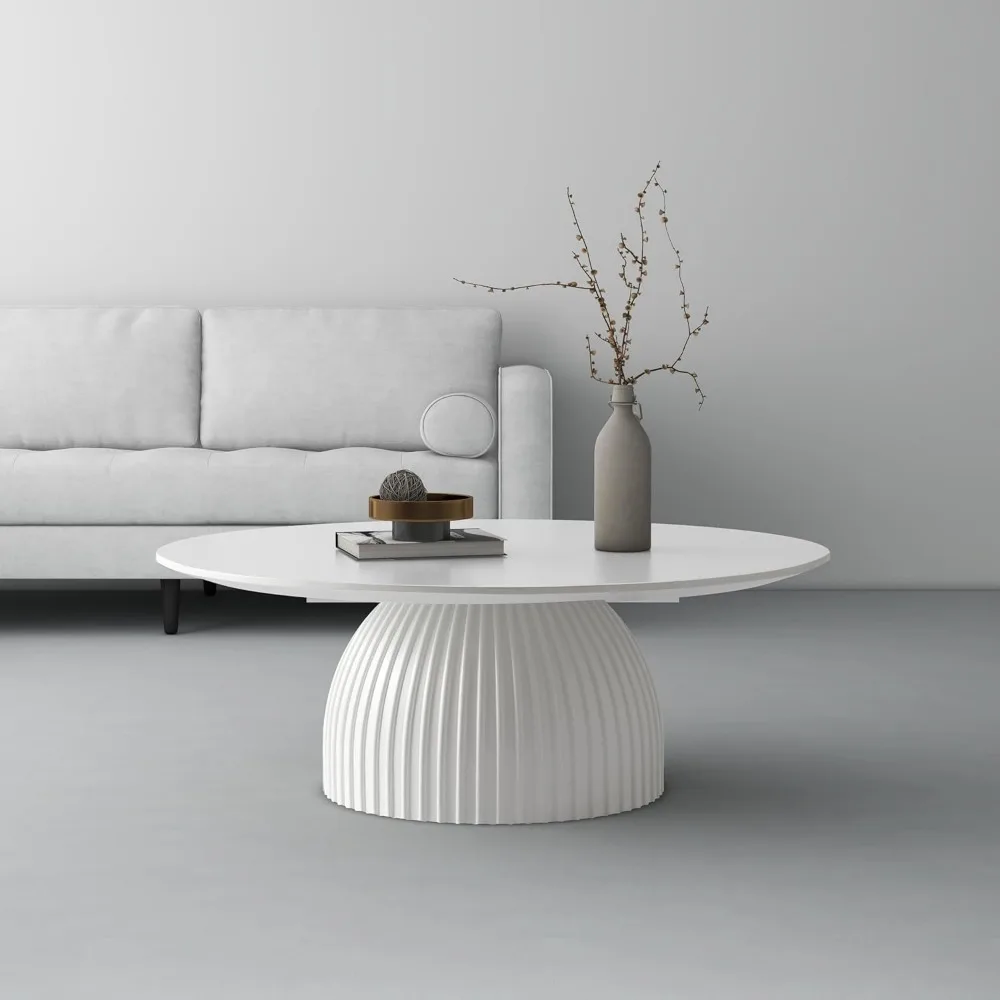 Modern Round Coffee Table, 35.4 inch White Drum Design, Contemporary Minimalist Living Room Table 4