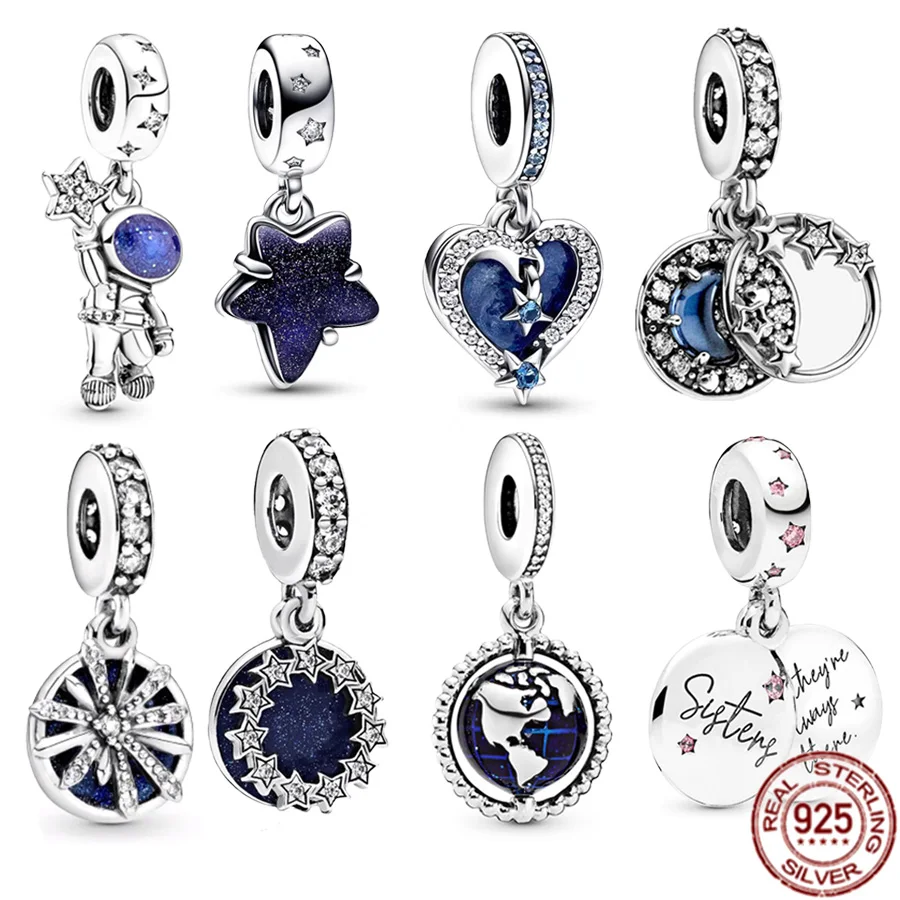 

925 Sterling Silver Sparkling Pendant Blue Astronaut Star Heart Beads Fit Pandora Original Bracelet DIY Charm Jewelry Women Gift