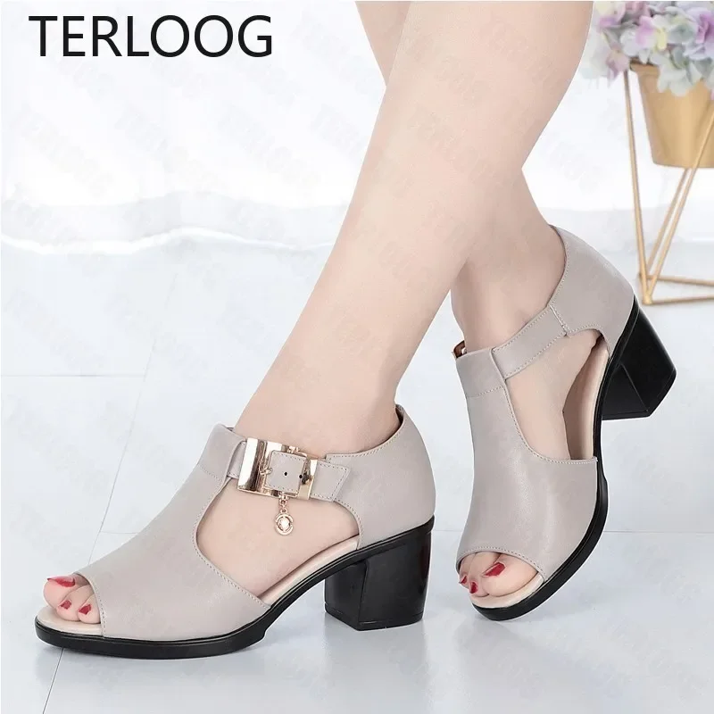 Women Sandals Summer New Med Heels Peep Toe Shoes Slippers Fashion Desiger Pu Leather Casual Sexy Wedding Pumps Shoe Woman