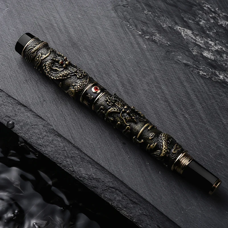 Jinhao Vintage Luxurious Rollerball Pen Double Dragon Playing Pearl, Ancient Gray Metal Carving Embossing Heavy Pen Collection