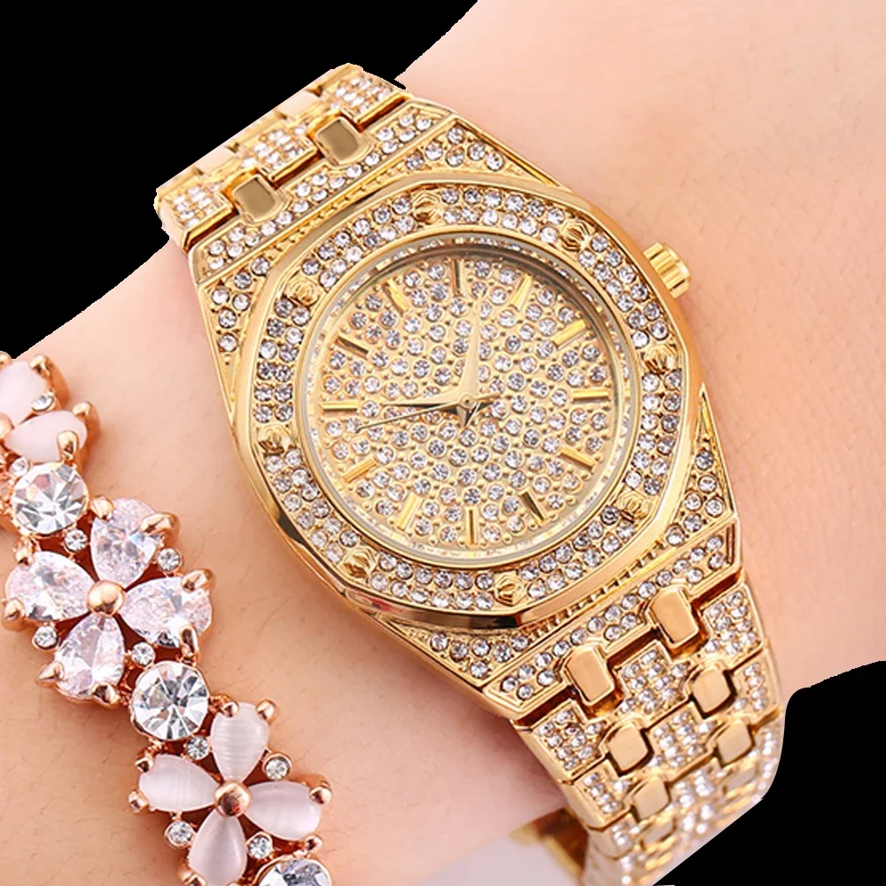 

Роскошные женские часы с бриллиантами в стиле хип-хоп Iced Out, женские кварцевые часы, женские часы из золотистой стали, женские часы Reloj Mujer XFCS