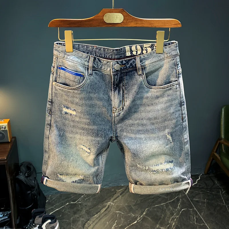 

Denim Shorts Men's Summer Thin Straight Ripped Thin and BreathableinsFashion Brand Casual Simple All-Match Pirate Shorts