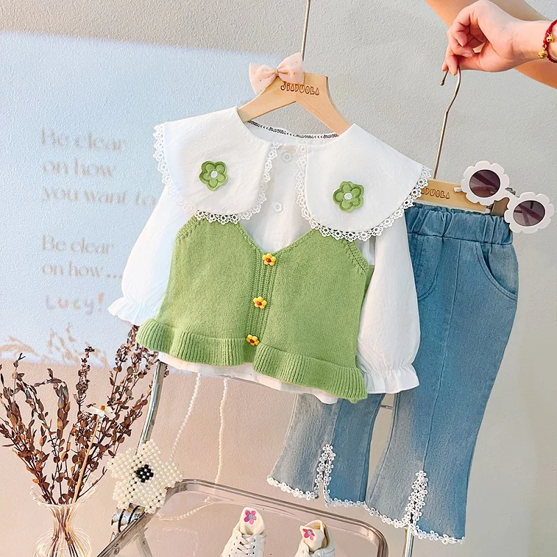 

Girls autumn dress floret knitting sling three piece set 2022 NEW GIRLS BABY Lapel top horn Jeans Pants Set 0-4t