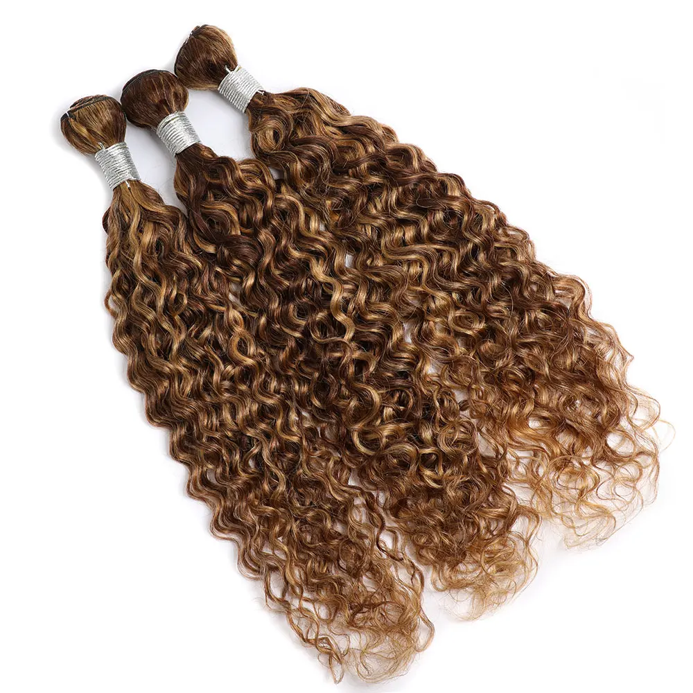 Highlight Water Wave Bundles Human Hair Ombre Brown Hair Highlight Honey Blonde Human Bundles 1 3 4 Pcs Wet and Wavy Weave human hair extensions human hair bundles human hair weave